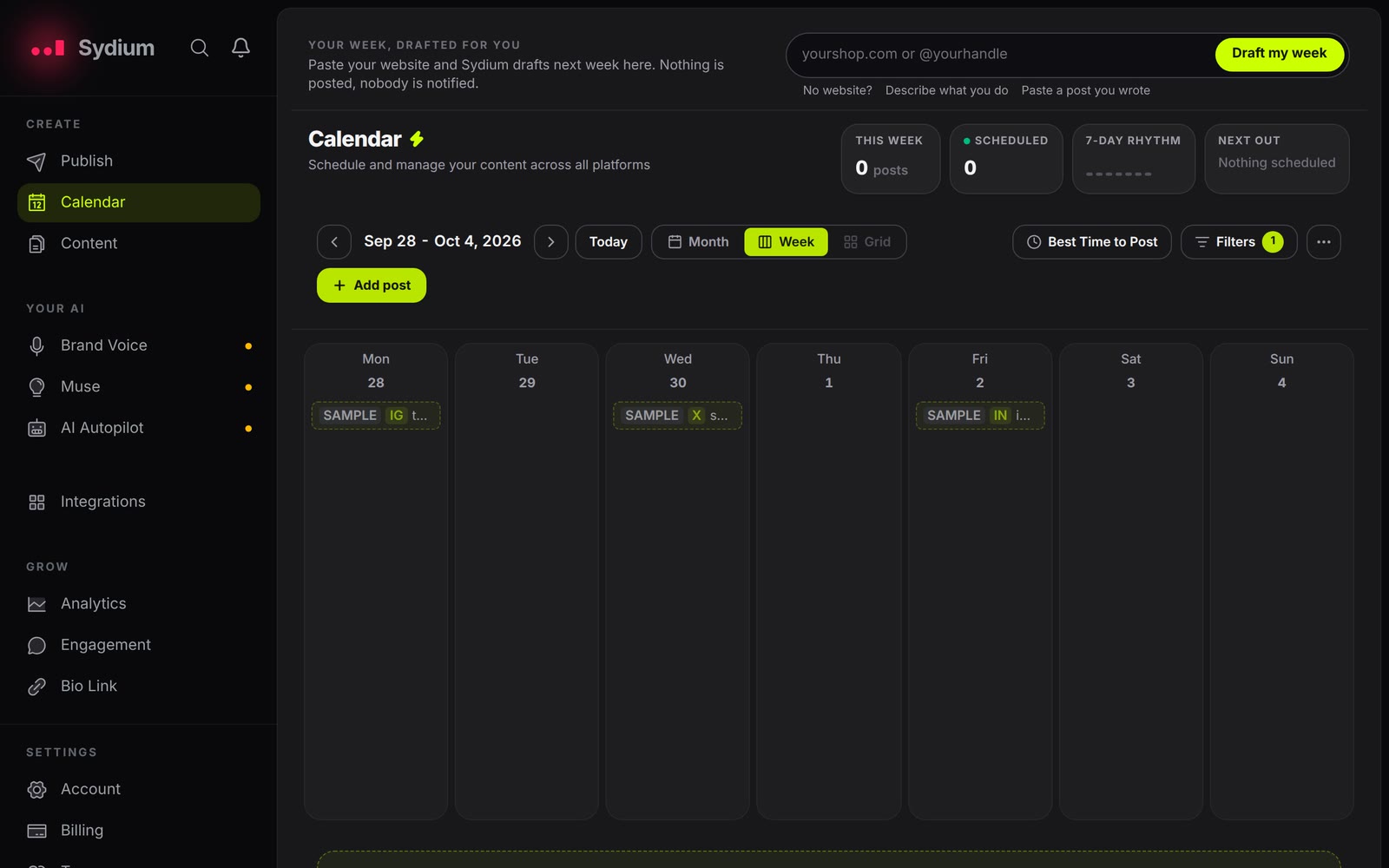 The first run in the real app: a sample week on the calendar, a website typed into the bar, the rail reading the site and drafting, then three drafts landing on next week's Monday, Wednesday and Friday with their pictures.