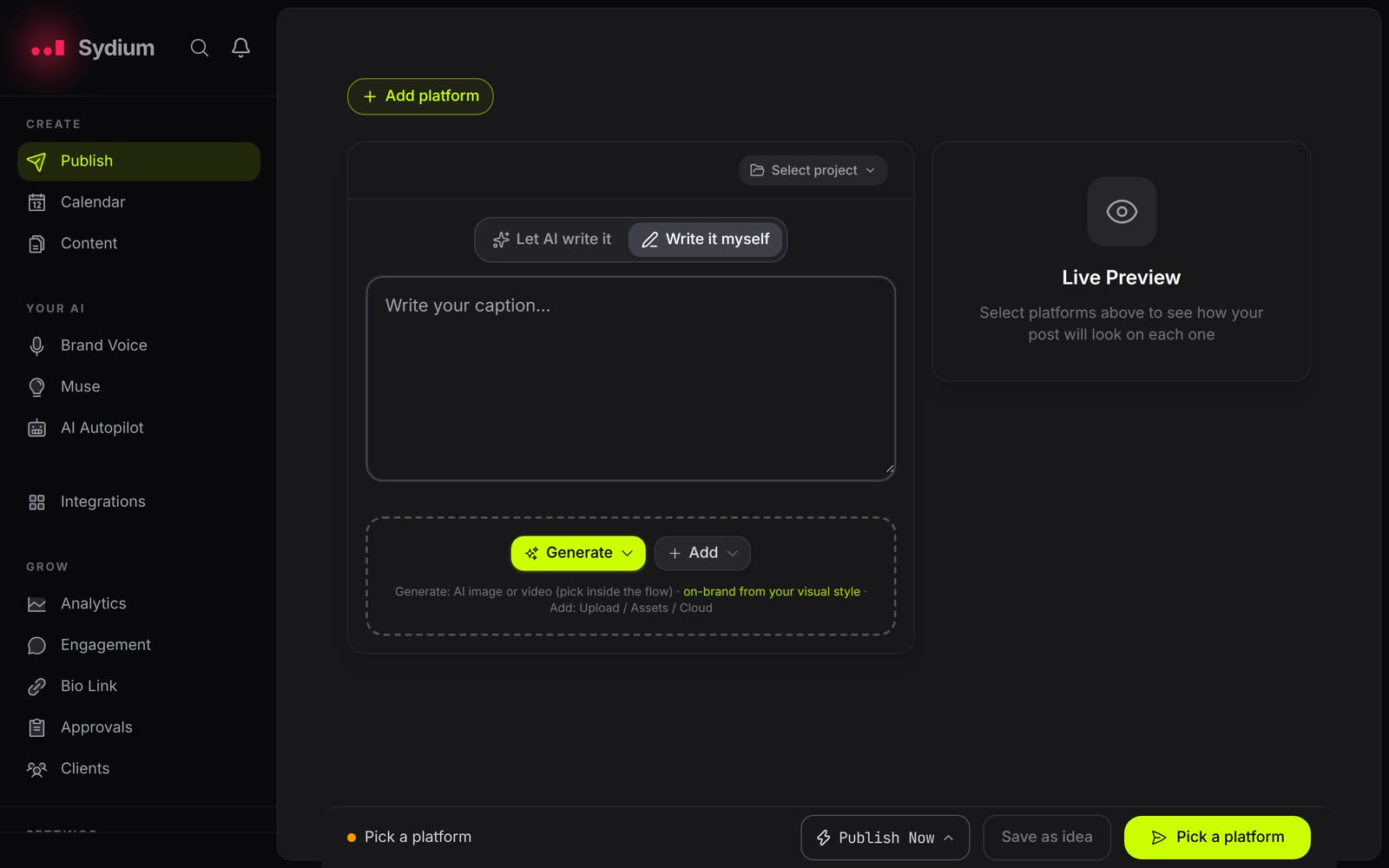 Image Studio: a sentence typed, a picture rendered on brand, then added to the post.